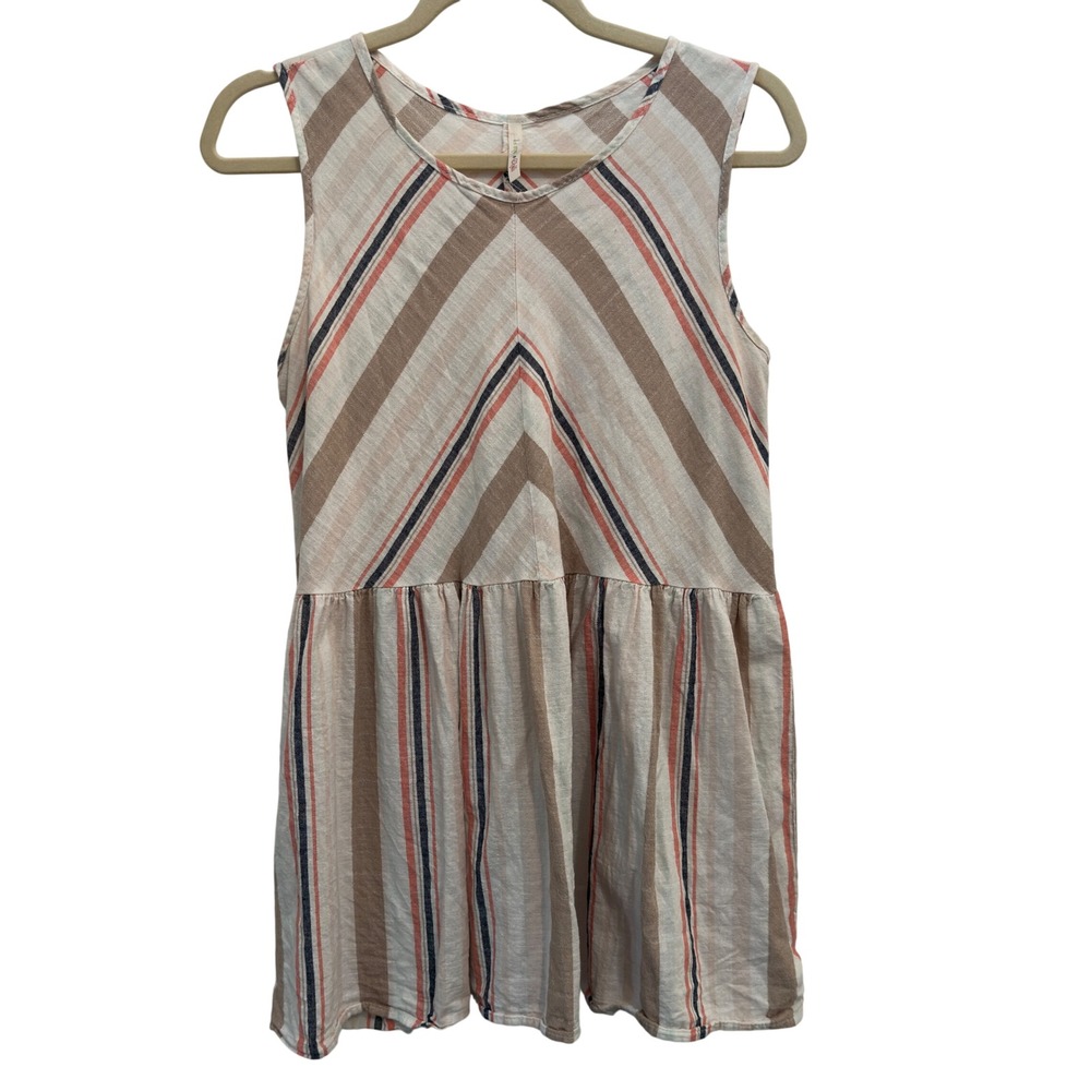 Lime N Chili Size Small Tan Blue Coral Stripe Cotton Sleeveless Babydoll Top